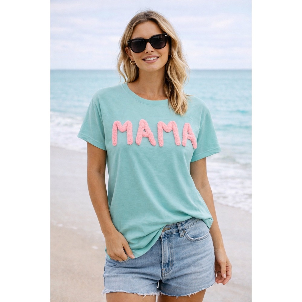 BiBi Womens Mama Chenille Patch T-Shirt teal Green Pink Short‎ Sleeve-S